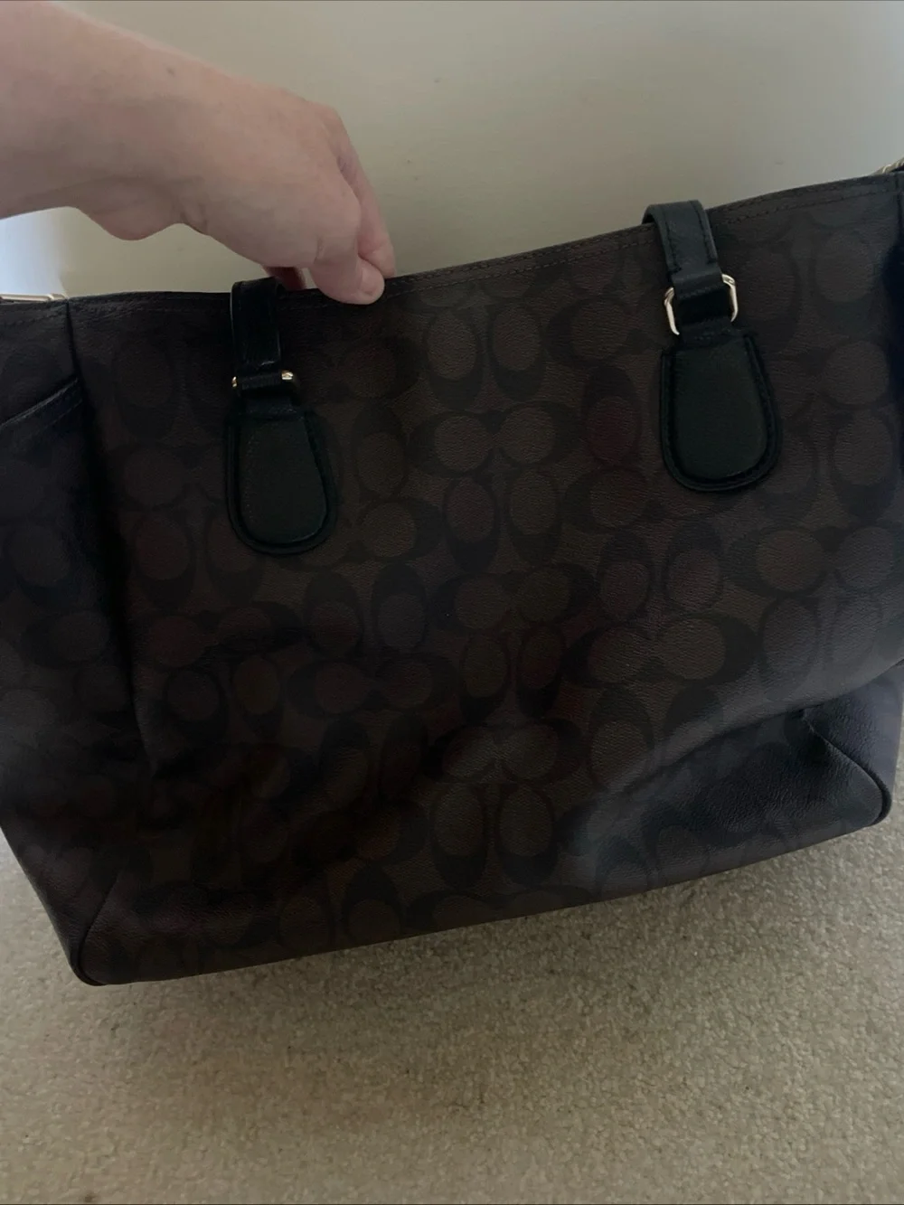 Coach Dark Brown Signature Tote with Black Leather Straps